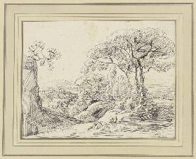 Landschaft mit weidenden Schafen unter einem großen Baum