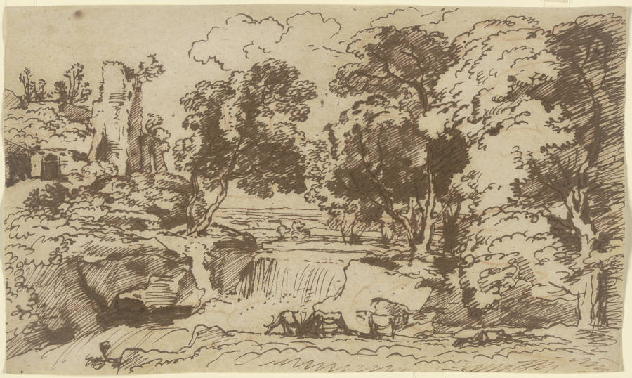 Ruine an einem baumbestandenen Wasserfall a Franz Innocenz Josef Kobell