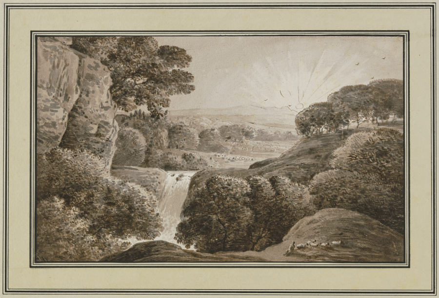 Sonnenaufgang über einer Landschaft mit Wasserfall a Franz Innocenz Josef Kobell