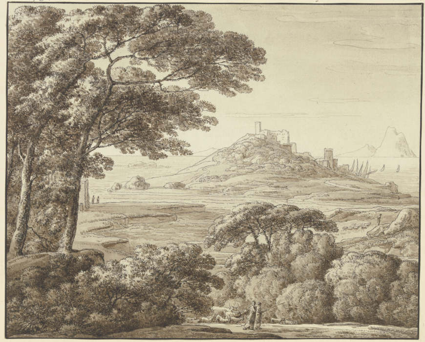 Südliche Landschaft mit Burg, Hafen und Staffagefiguren a Franz Innocenz Josef Kobell