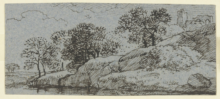 Uferböschung mit Bäumen, im Hintergrund eine Burgruine a Franz Innocenz Josef Kobell
