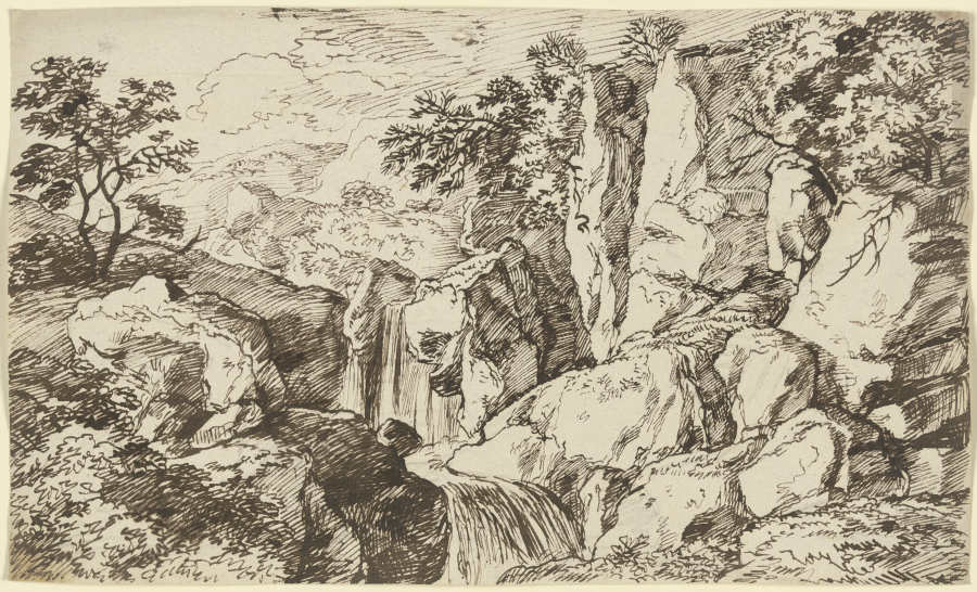 Wasserfall entlang einer Felswand im Gebirge a Franz Innocenz Josef Kobell