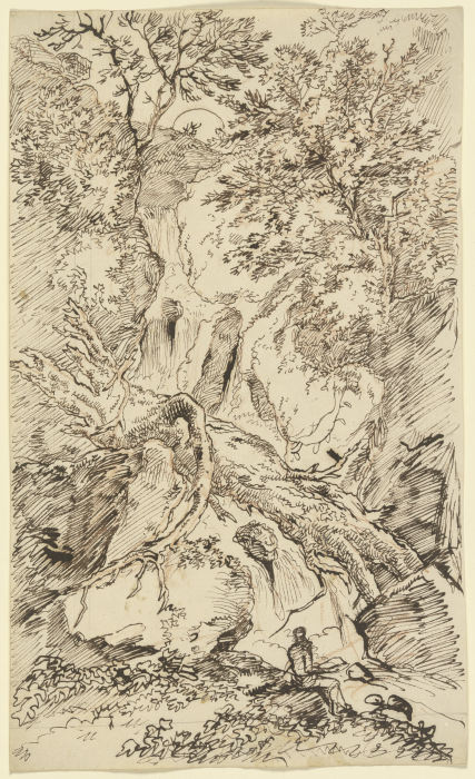 Zerborstene Baumstämme in einer Felsschlucht mit Wasserfall, davor ein rastender Wanderer a Franz Innocenz Josef Kobell