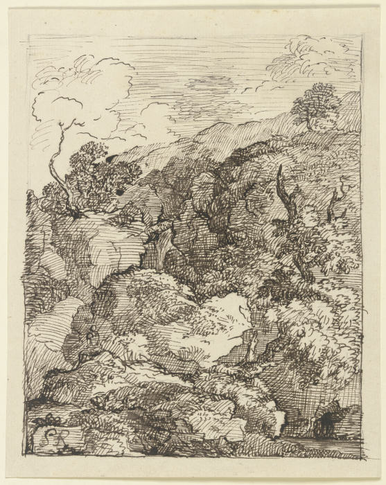Zerklüftete Felspartie, im Vordergrund ein zerborstener Baum a Franz Innocenz Josef Kobell