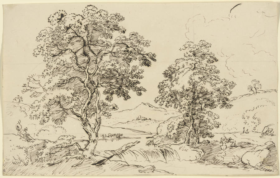 Zwei Bäume links und rechts eines Baches a Franz Innocenz Josef Kobell
