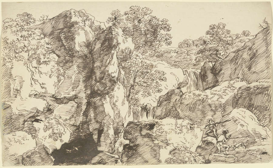 Zwei Jäger mit Hund in einer Felswand stehend a Franz Innocenz Josef Kobell