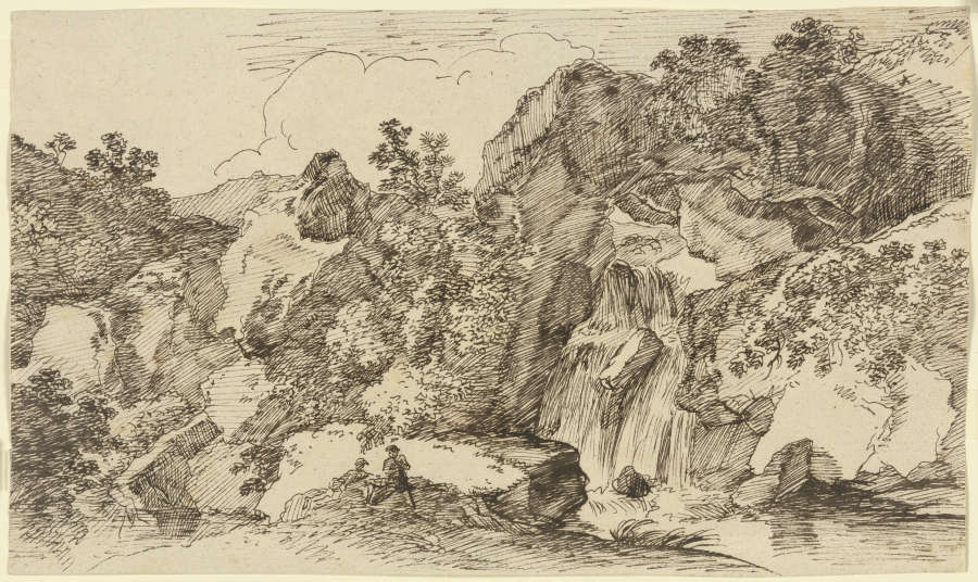 Zwei Wanderer am Wasserfall im Gebirge ruhend a Franz Innocenz Josef Kobell