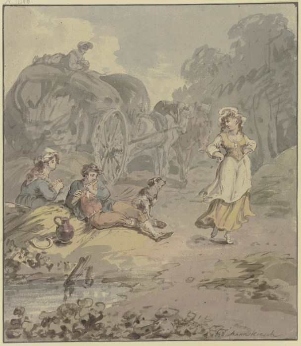 Schnitter und Schnitterin bei einem Erntewagen rastend, vor ihnen ein junges Mädchen, das zum Flöten a Franz Joseph Manskirsch