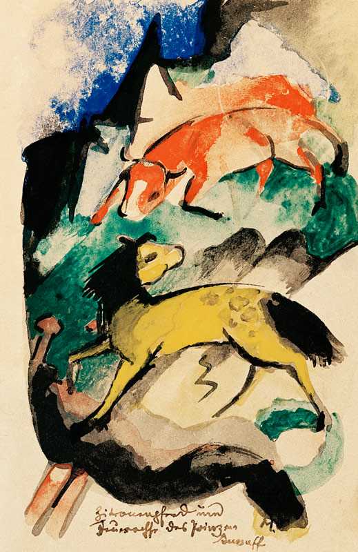 Lemon horse and fire ox of the prince Jussuff (on postcard to Else Lasker pupils) a Franz Marc