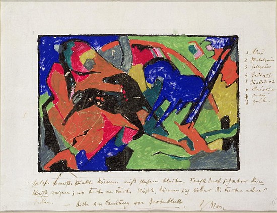Two Horses, 1911-12 (hand coloured print) a Franz Marc