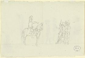 Ein Soldat zu Pferde und drei stehende Soldaten in verschiedenen Uniformen
