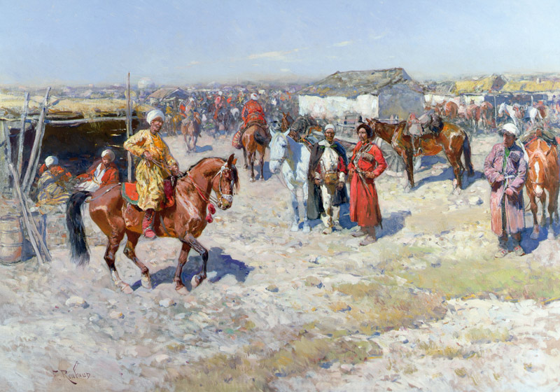 Central Asian Horse Market (oil on canvas) a Franz Roubaud