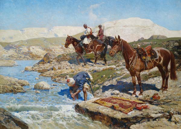 Cherkessian Horseman Crossing the River a Franz Roubaud
