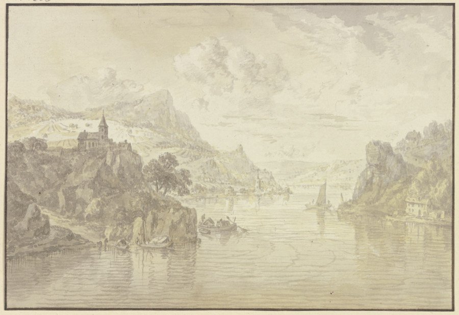 Blick in ein Flusstal mit felsigen Ufern, links auf einem Felsen eine Kirche a Franz Schütz