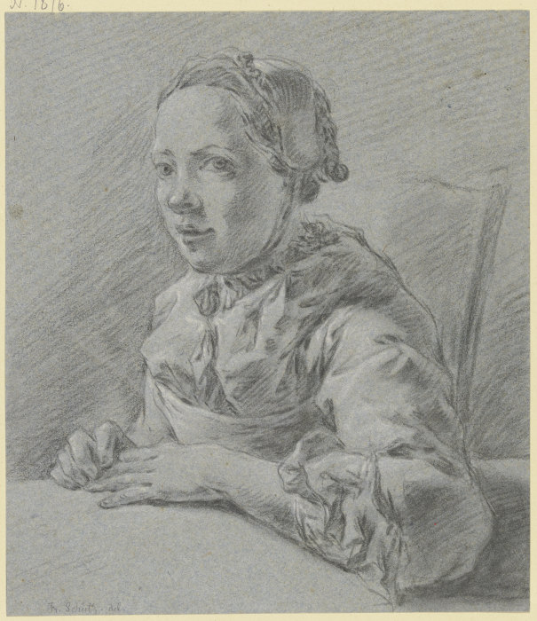 Junges Mädchen im Dreiviertelprofil nach links, an einem Tisch sitzend a Franz Schütz
