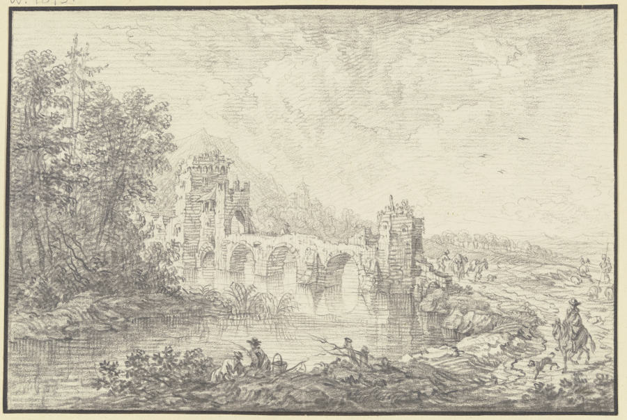 Von Türmen flankierte Brücke, im Vordergrund am Fluß ein Angler und ein Reiter a Franz Schütz