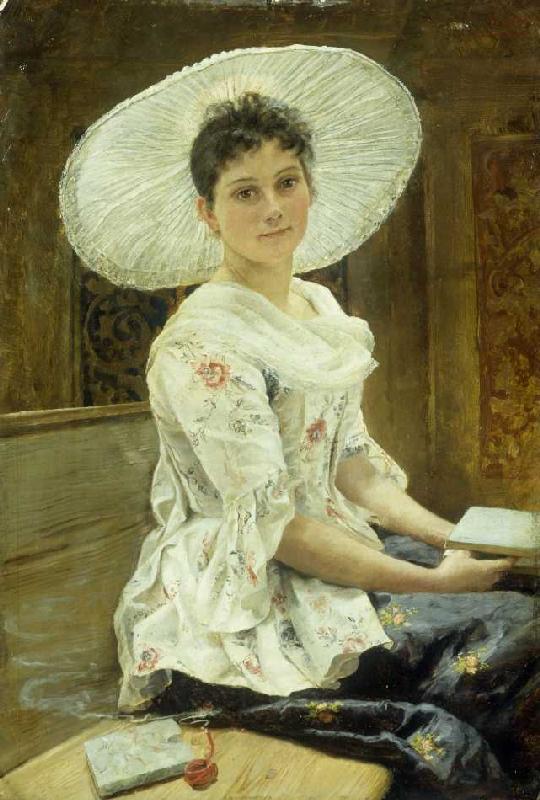 Junge Frau mit weißem Hut. a Franz Simm