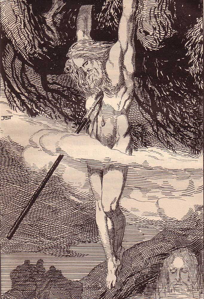 Odin Hanging on the World-Tree. Illustration for "The Edda: Germanic Gods and Heroes" by Hans von Wo a Franz Stassen