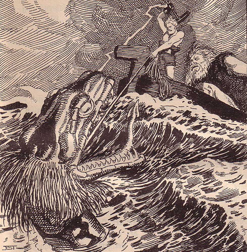 Thor and Hymir Fishing the Midgard Serpent. Illustration for "The Edda: Germanic Gods and Heroes" by a Franz Stassen