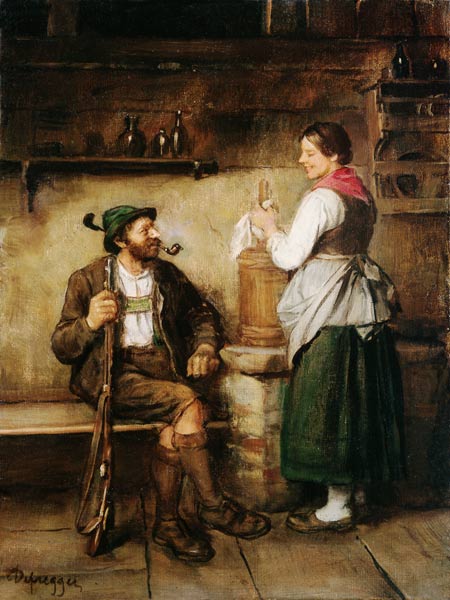 Hunter and maid in the Kuchl at happy Geplauder a Franz von Defregger