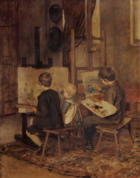 Franzl, Hansl and Friedl when painting at the easel. a Franz von Defregger