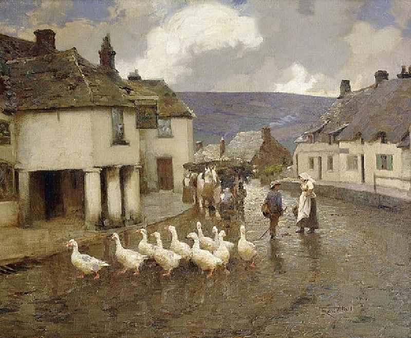 A flock of goose in front of the Greyhound Pub at Corfe Castle, Dorset a Fred Hall