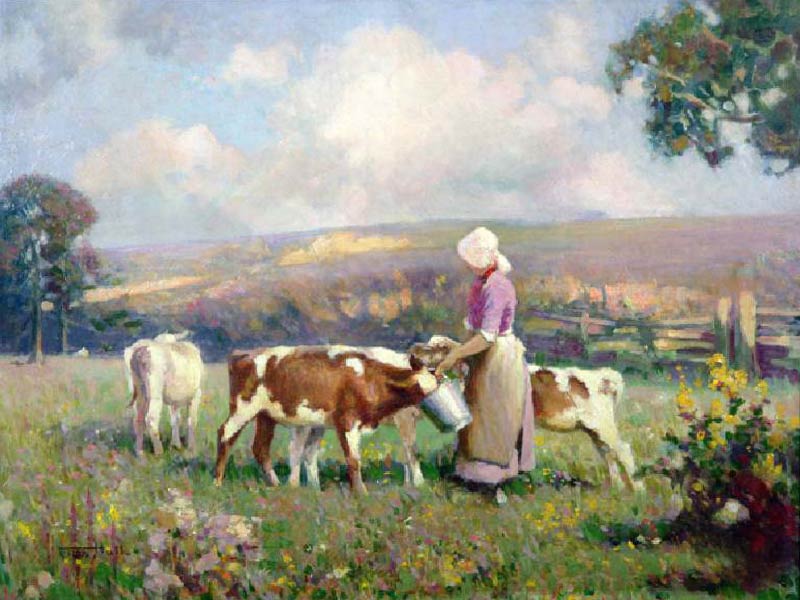 Feeding the Calves (oil on panel) a Fred Hall