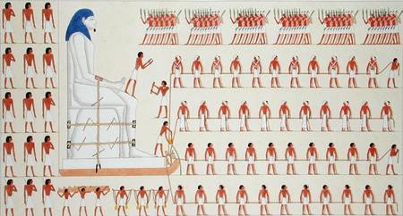A wall painting at Beni Hasan depicting the moving of a colossal statue of a Pharaoh (colour litho) a Frederic Cailliaud