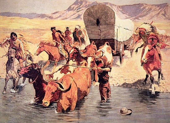 Indians attacking a pioneer wagon train a Frederic Remington