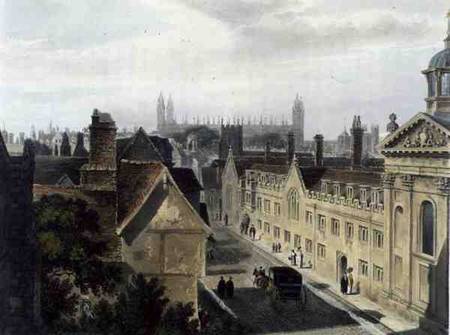 Exterior of Pembroke College, from a window of Peterhouse, Cambridge, from 'The History of Cambridge a Frederick Mackenzie