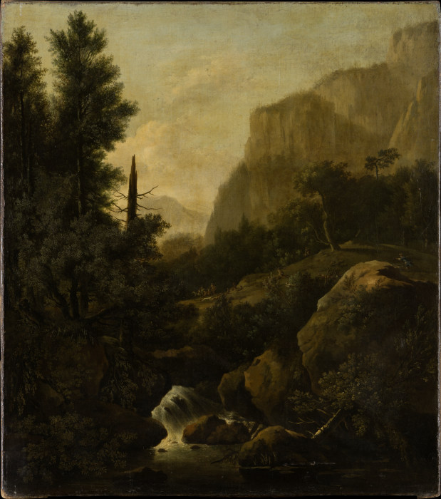 Mountain Landscape with Deer Hunt at a Waterfall a Frederik de Moucheron