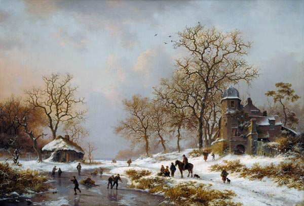 Winter landscape with pond having been cold and skate runners a Frederik Marianus Kruseman