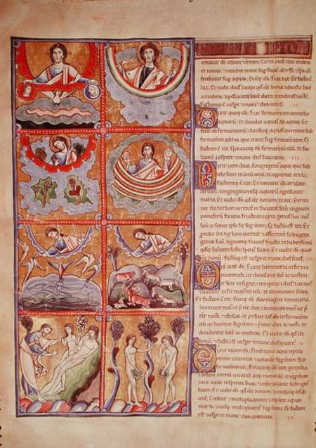 Ms 1 f.4v The Creation of the World, from the Souvigny Bible a Scuola Francese