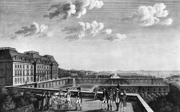 First steps of King of Rome on the terrace of Saint-Cloud; engraved by Dubois a Scuola Francese