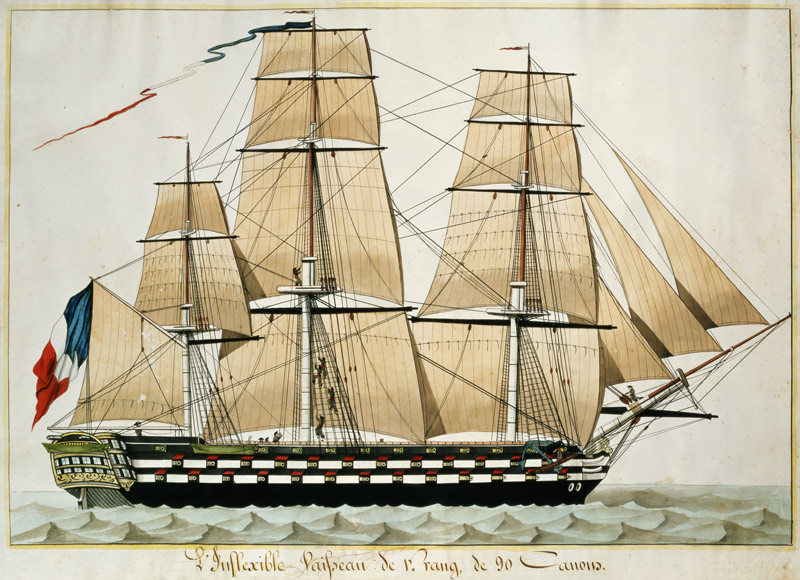 'L'Inflexible Vaisseau de v. Rang de 90 Canons' (The 90 Gun Ship of the Line) c.1835 (w/c with pen & a Scuola Francese