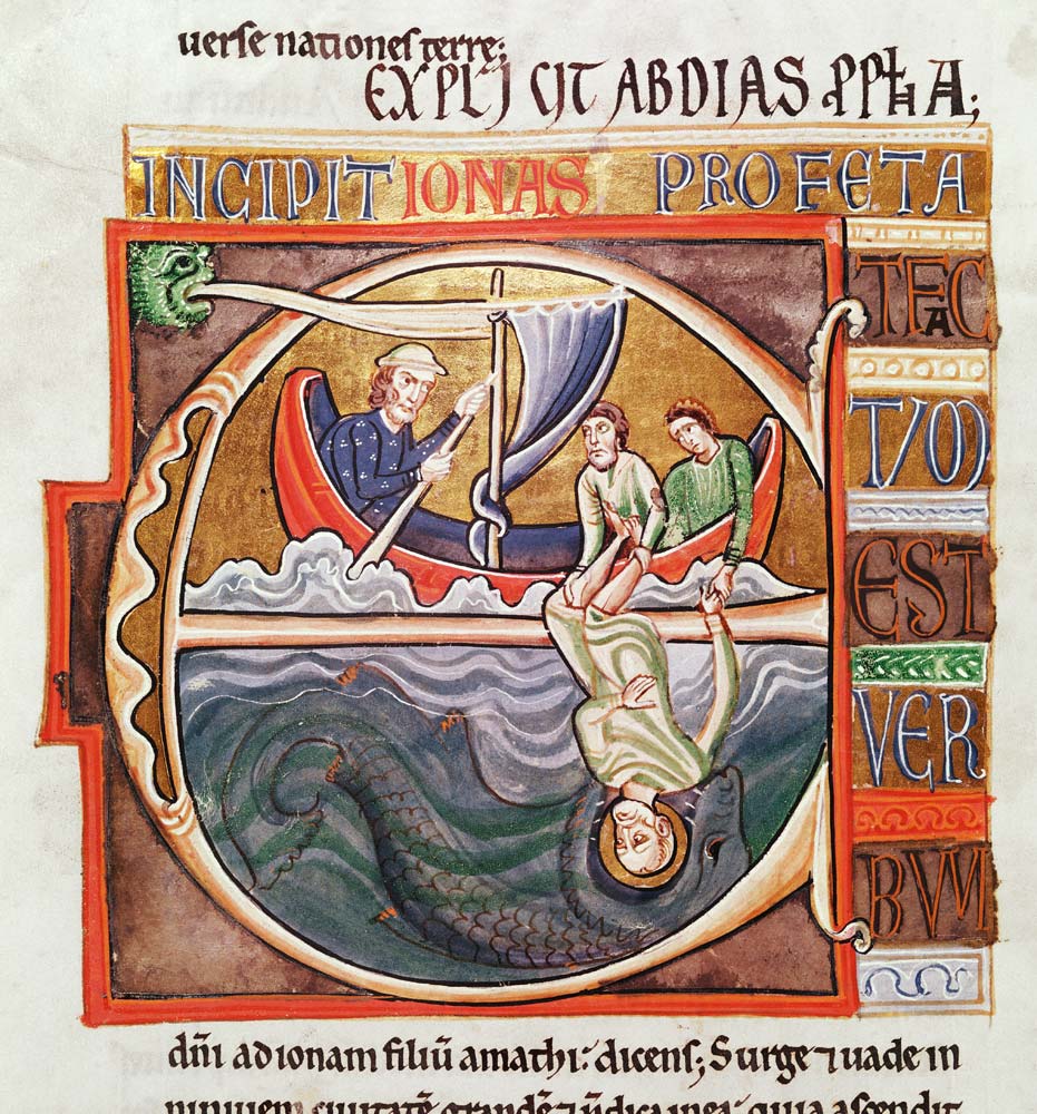 Ms 1 Fol.196v Historiated initial ''E'' depicting Jonah Thrown into the Sea, from the Souvigny Bible a Scuola Francese