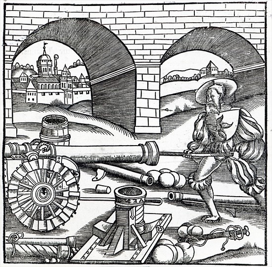 A Man loading a cannon, illustration for ''De re Militari'' Publius Flavius Vegetius Renatus (fl.390 a Scuola Francese