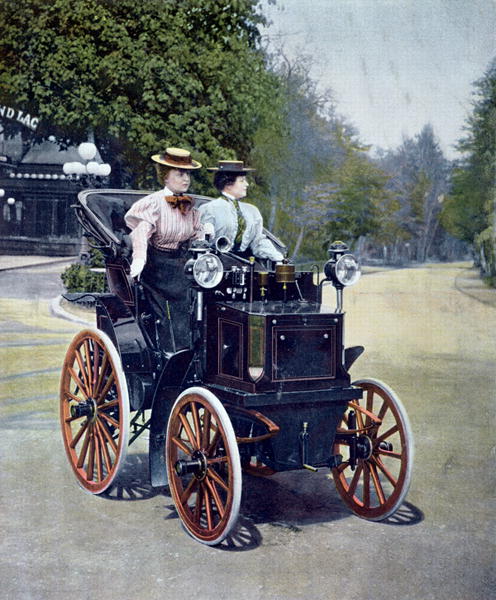 A petrol-powered Panhard Levassor Phaeton with starting handle, 1896 (coloured b/w photo)  a Scuola Francese