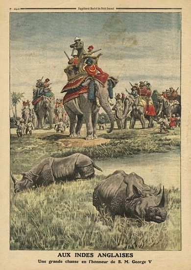 A rhinoceros hunt in honour of King George V (1865-1936), illustration from ''Le Petit Journal'', su a Scuola Francese
