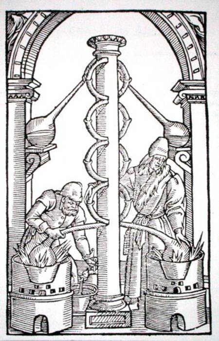 The Alchemist at Work, copy of an illustration from 'Coelum Philosophorum' by Philippus Ulstadius, P a Scuola Francese