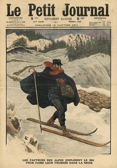 Alpine postmen using ski during their rounds in the snow, illustration from ''Le Petit Journal'', su a Scuola Francese