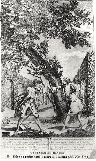 Argument between Jean-Jacques Rousseau (1712-78) and Voltaire (1694-1778) a Scuola Francese