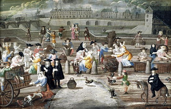 Bread and Poultry Market on Quai des Grands Augustins, painted for a fan a Scuola Francese