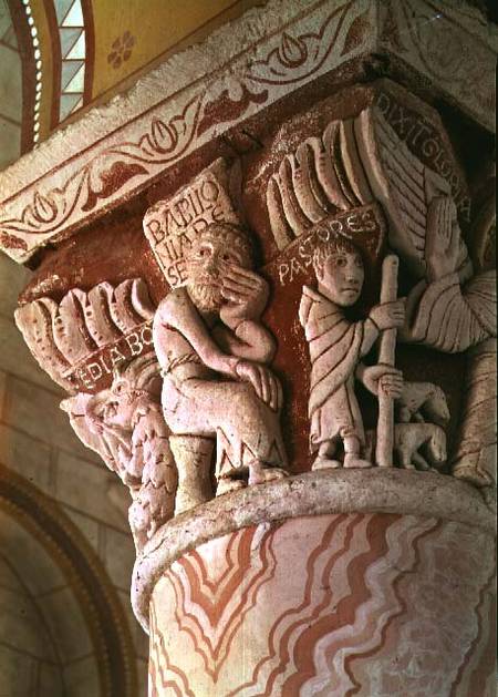 Capital from the chancel depicting 'Babilonia Deserta' a Scuola Francese