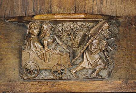 Carving depicting a couple in a cart pulled by a man, from a choir stall a Scuola Francese