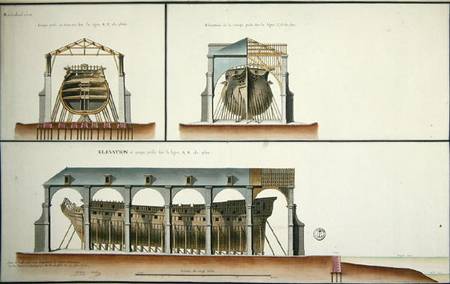 Cross-section and elevation of a ship a Scuola Francese