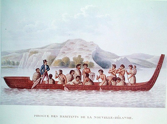 Dugout canoe piloted natives of New Zealand, illustration from ''Voyage Around the World in the Corv a Scuola Francese