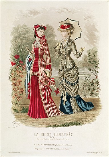Fashion plate showing hats and dresses, illustration from ''La Mode Ilustree'' a Scuola Francese