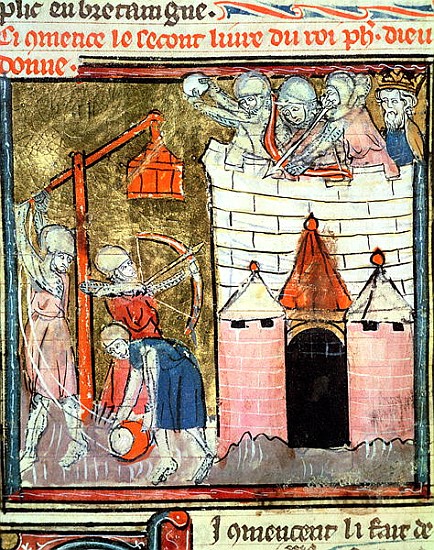 Fol.261v Siege of the Chateau de Chinon, from the Grandes Chroniques de France, 1375-79 a Scuola Francese
