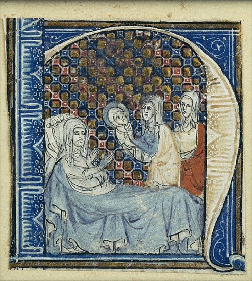 Historiated initial ''H'' depicting the Birth of the Virgin, c.1320-30 a Scuola Francese